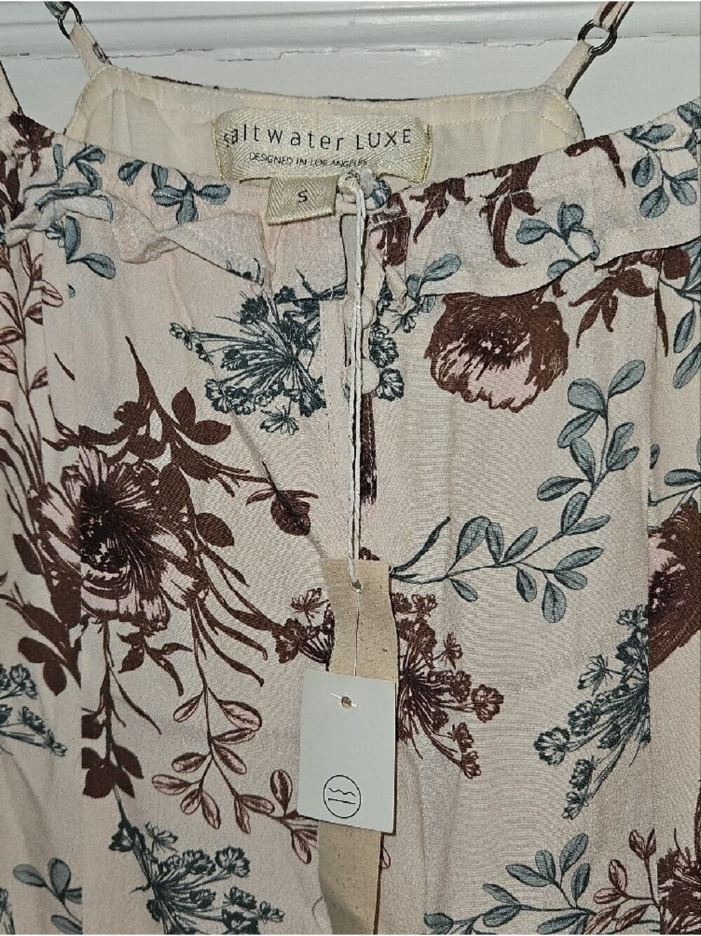 saltwater LUXE Cream Mini Sundress with Brown & Teal Floral Print - Picture 5 of 8